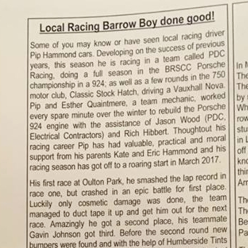 May 2, 2025 -  Barton village magazine article on local driver Pip Hammond.